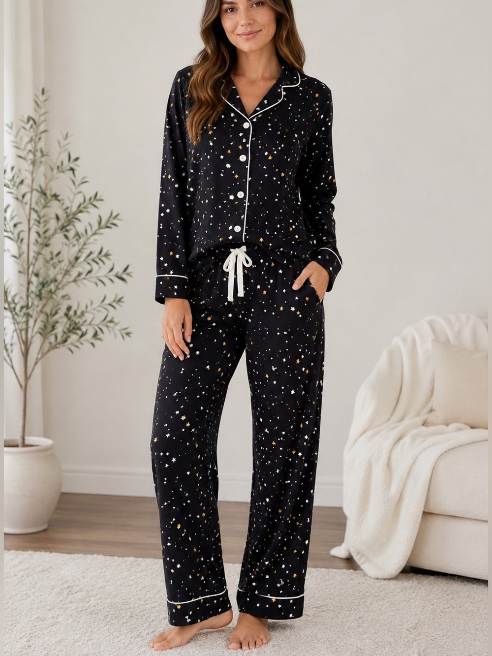 PJ Salvage Star Print Sleep Set Black Gold White 2-Piece Pajamas S
